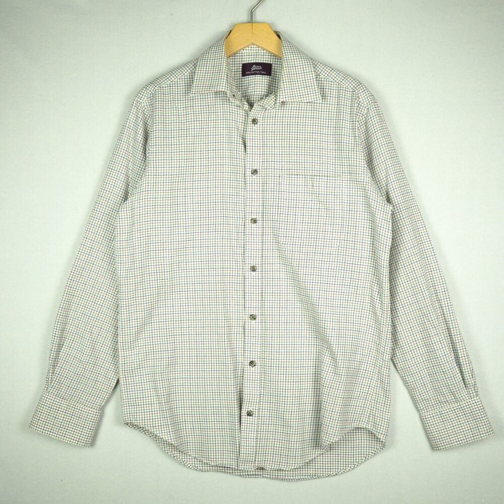 Marks & Spencer Twill Shirt White Muticolor Tattersall Plaid Mens Size 15 EU 38